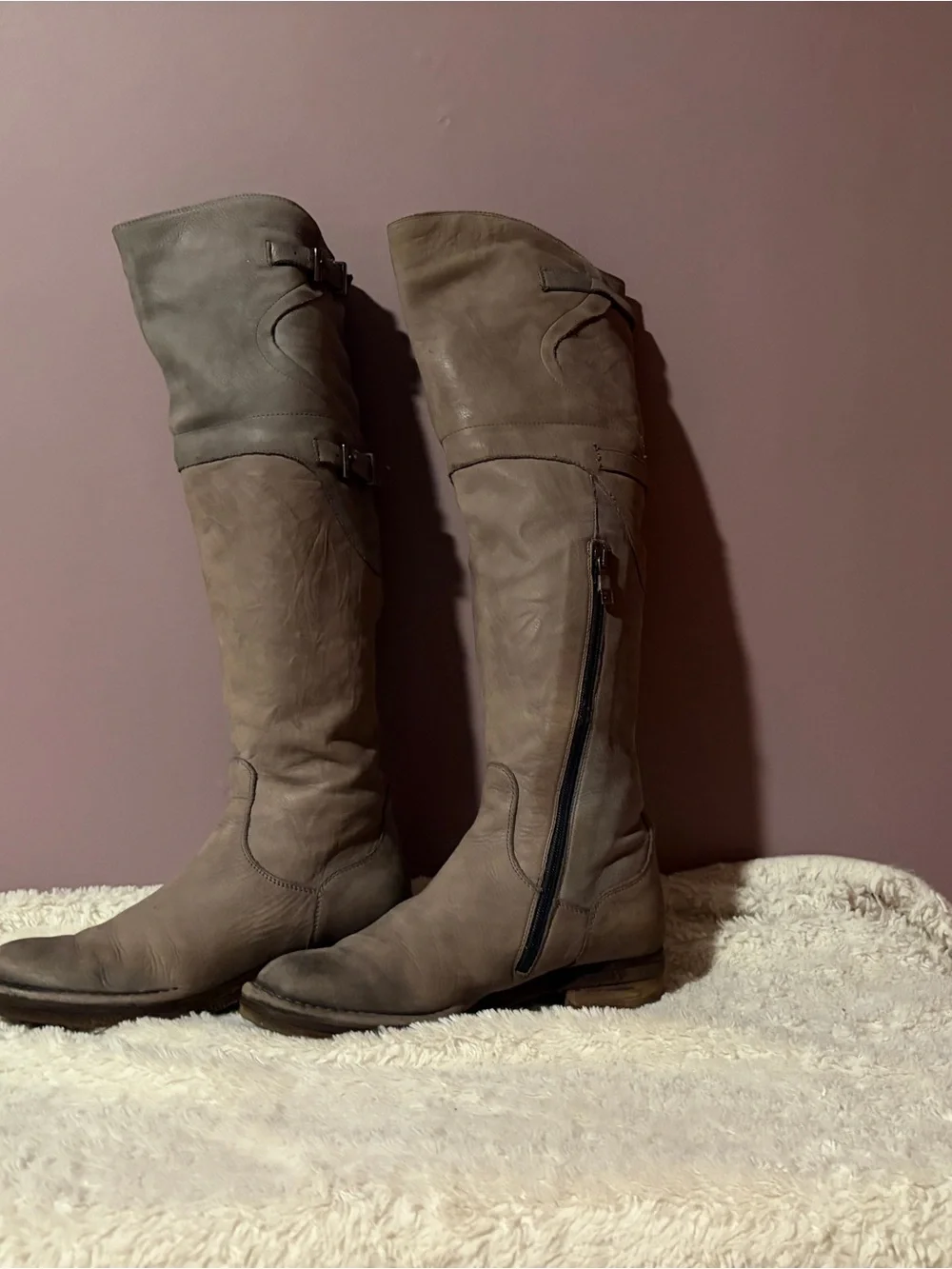 Alberto Fermani Taupe-Brown Over-the-Knee Leather Boots with Buckle Straps